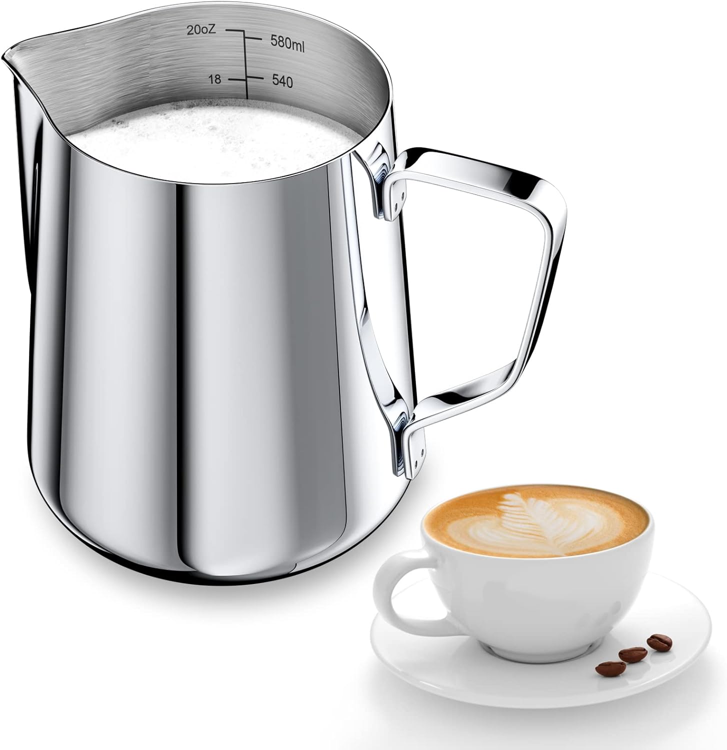 Newaner 600 ml Milk Jug for Milk Frothing 304 Stainless Steel, Milk Jug with Measurement Mark 12 oz for Barista, Milk Pitcher for Cappuccino, Espresso, Latte Art, Perfect for Coffee Lovers, Silver