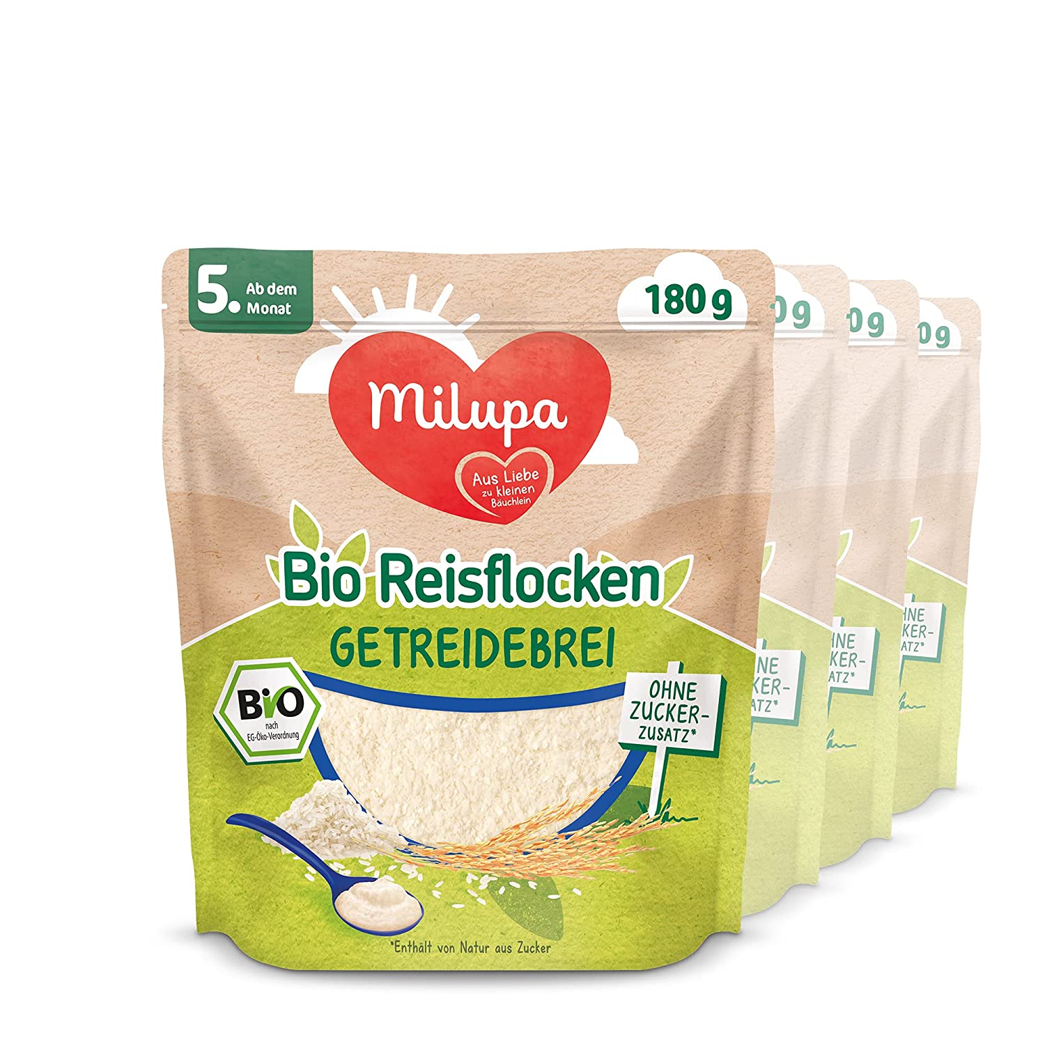 Milupa Reisflocken Bio Getreidebrei nach dem 4. Monat, 4er Pack (4 x 180 g)