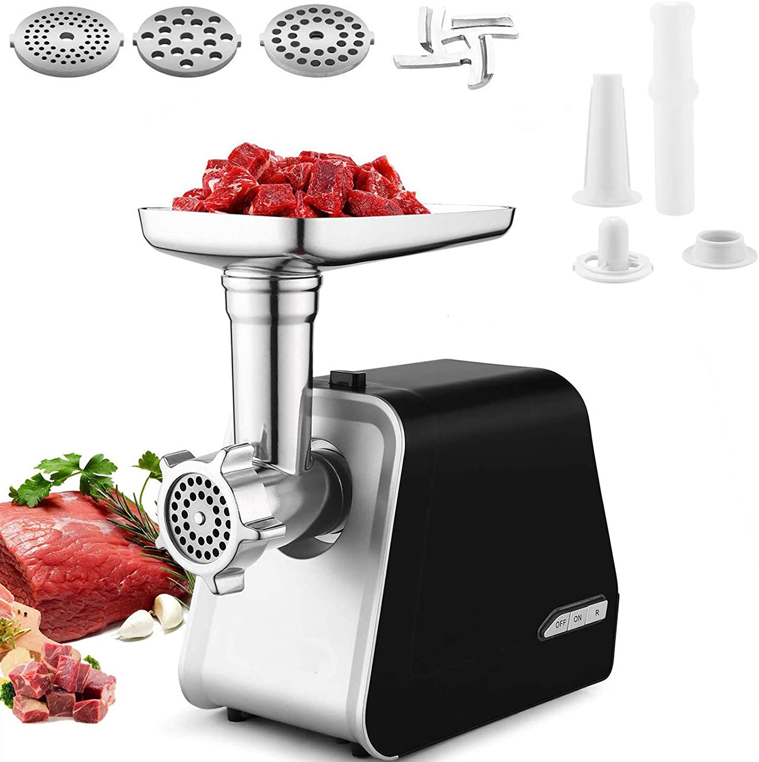 COOCHEER Stainless Steel Meat Grinder, Electric Meat Grinder, Sausage Filler with 3 Grinding Plates, Blade And Cube Attachment, ETL Approved