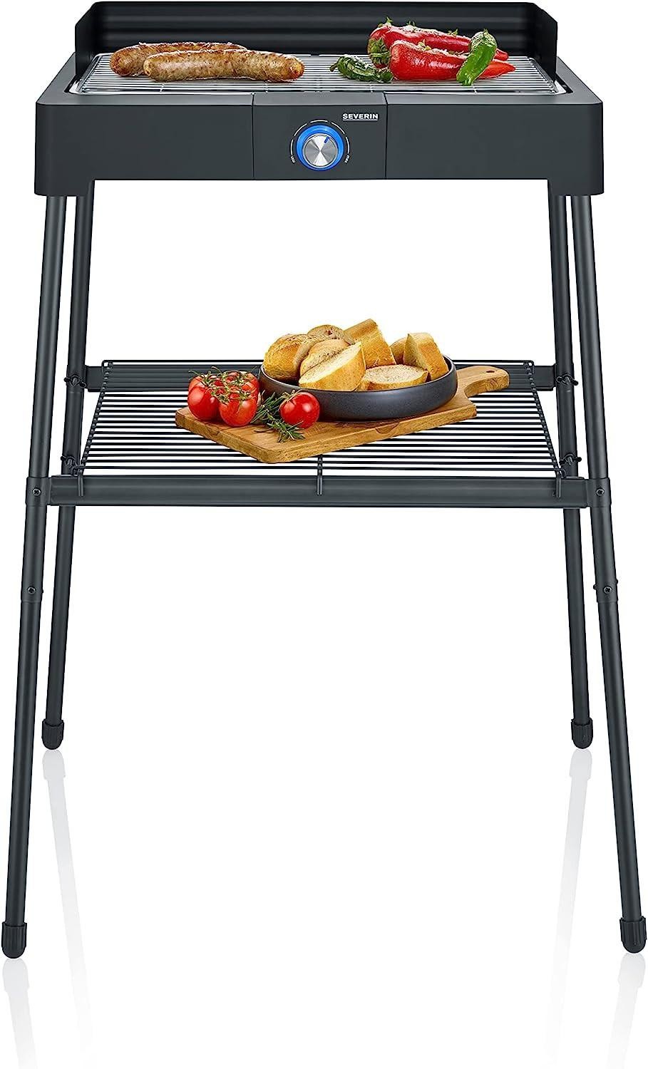 Severin PG 8566 Standing Grill with Stainless Steel Grill and Stand Frame and Storage Grill, Electric Grill with Quick Grill Start, Balcony Grill Without Risk of Burning, Black