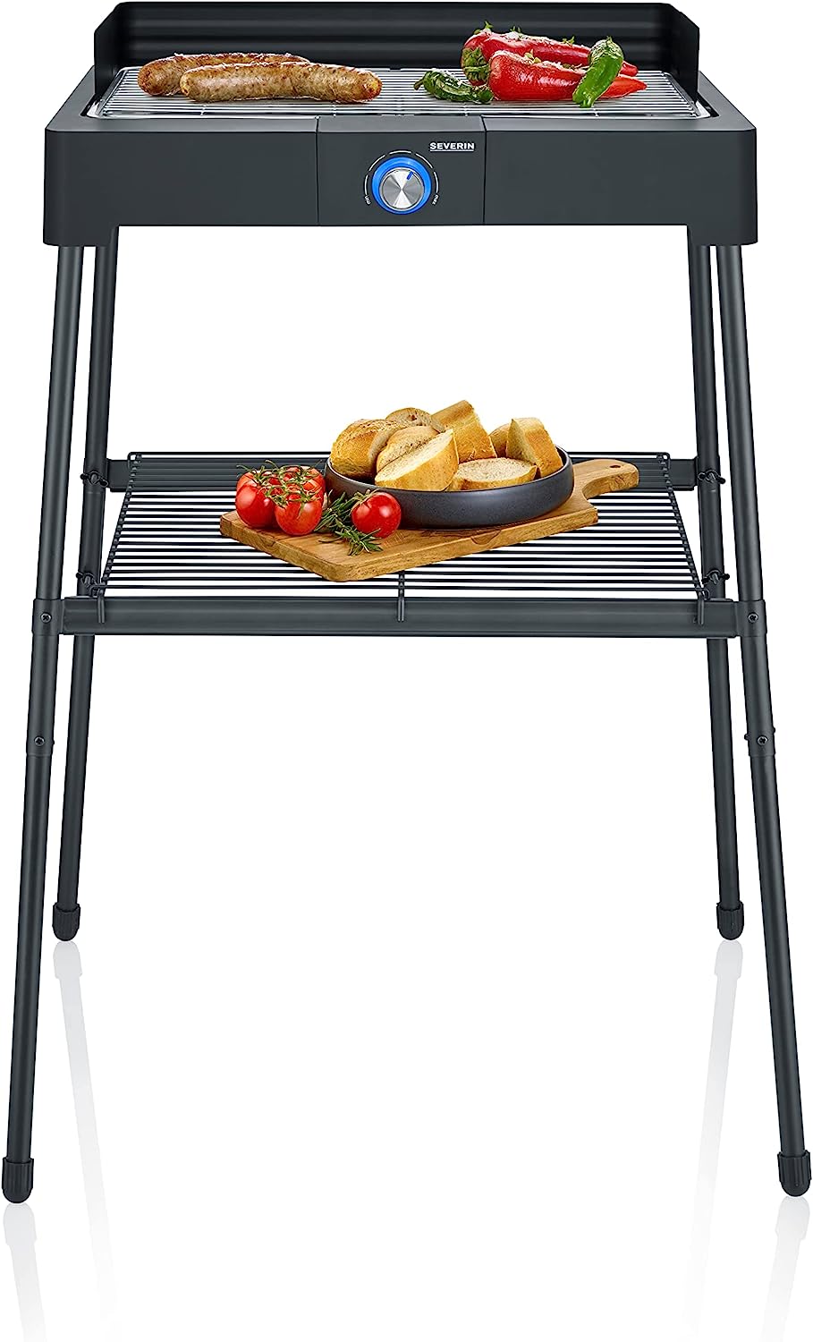 Severin PG 8566 Standing Grill with Stainless Steel Grill and Stand Frame and Storage Grill, Electric Grill with Quick Grill Start, Balcony Grill Without Risk of Burning, Black