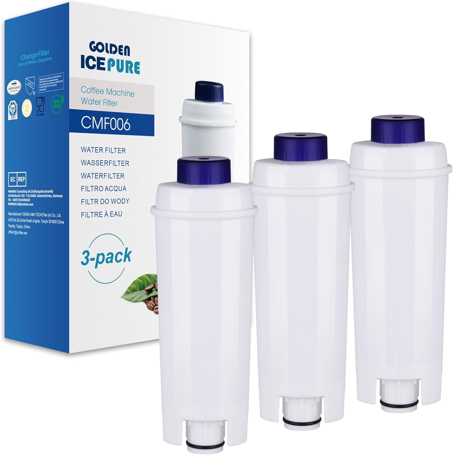 GOLDEN ICEPURE Water Filter Coffee Machine Compatible with De\'Longhi DLSC002, SER3017 & 5513292811, ECAM, ESAM, ETAM, BCO, EC Series, Pack of 3