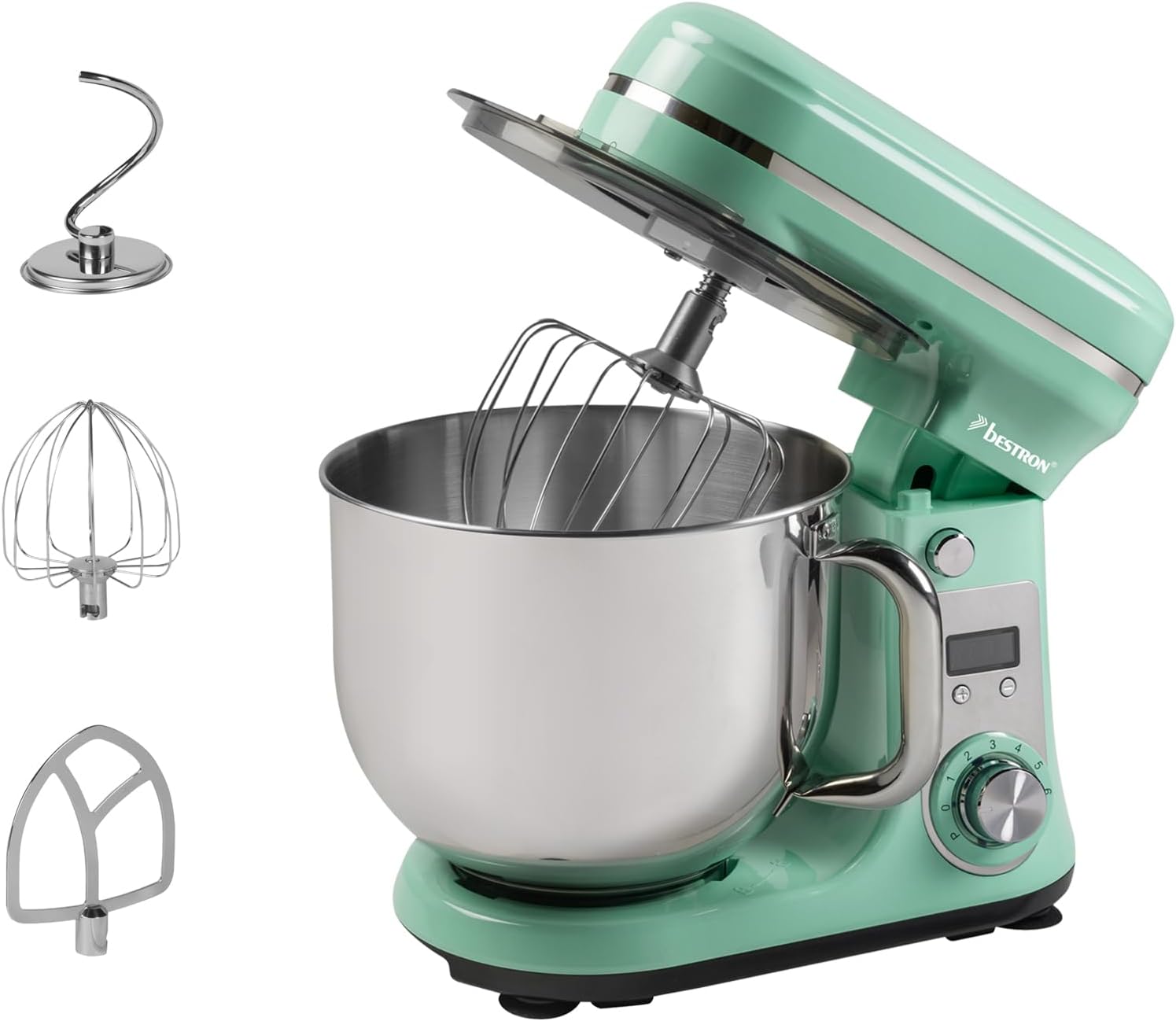 Bestron Super Silent Food Processor (65 db) 4-1 Food Processor with DC Motor, 6 Liter Mixing Bowl, Including Dough Hook, Whisk and Batter Beater, 6 Speed ​​Levels + Pulse Function, Colour: Mint