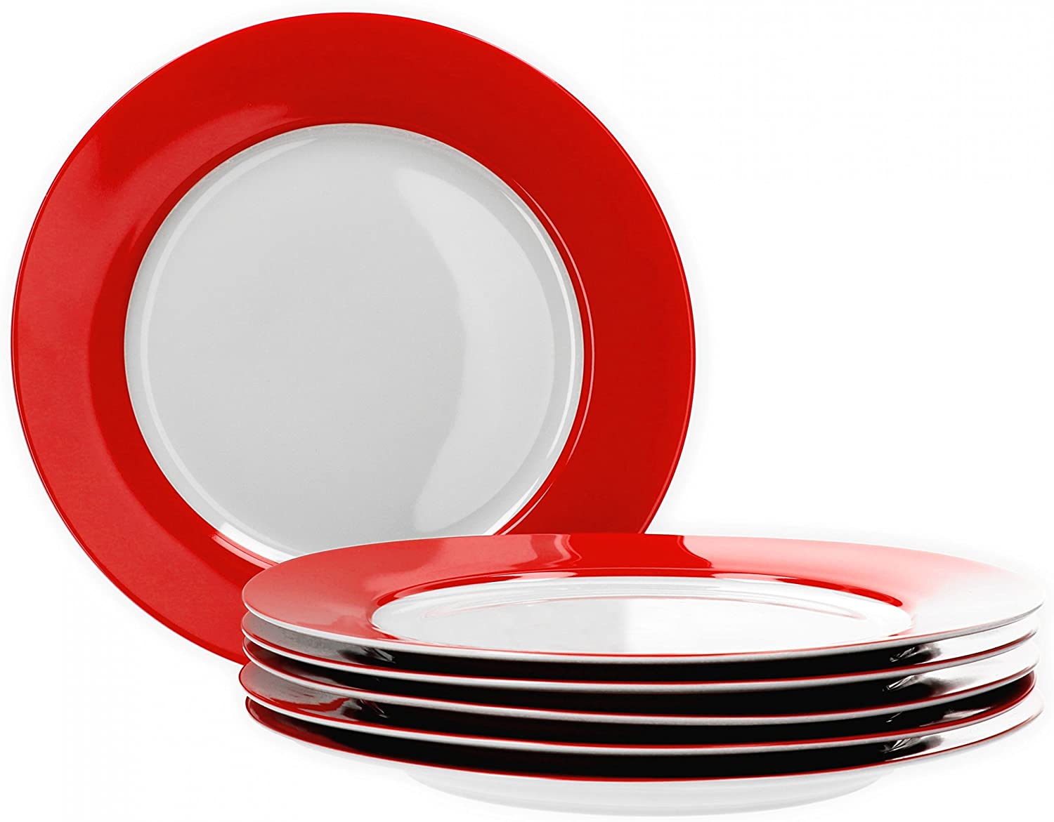 Van Well Vario Dinner Plate Set 6 Pieces I Dinner Service for 6 People I Flat Dining Plate with Diameter 26.5 cm I Porcelain Service White with Red Rim I Plate Set Microwave Safe
