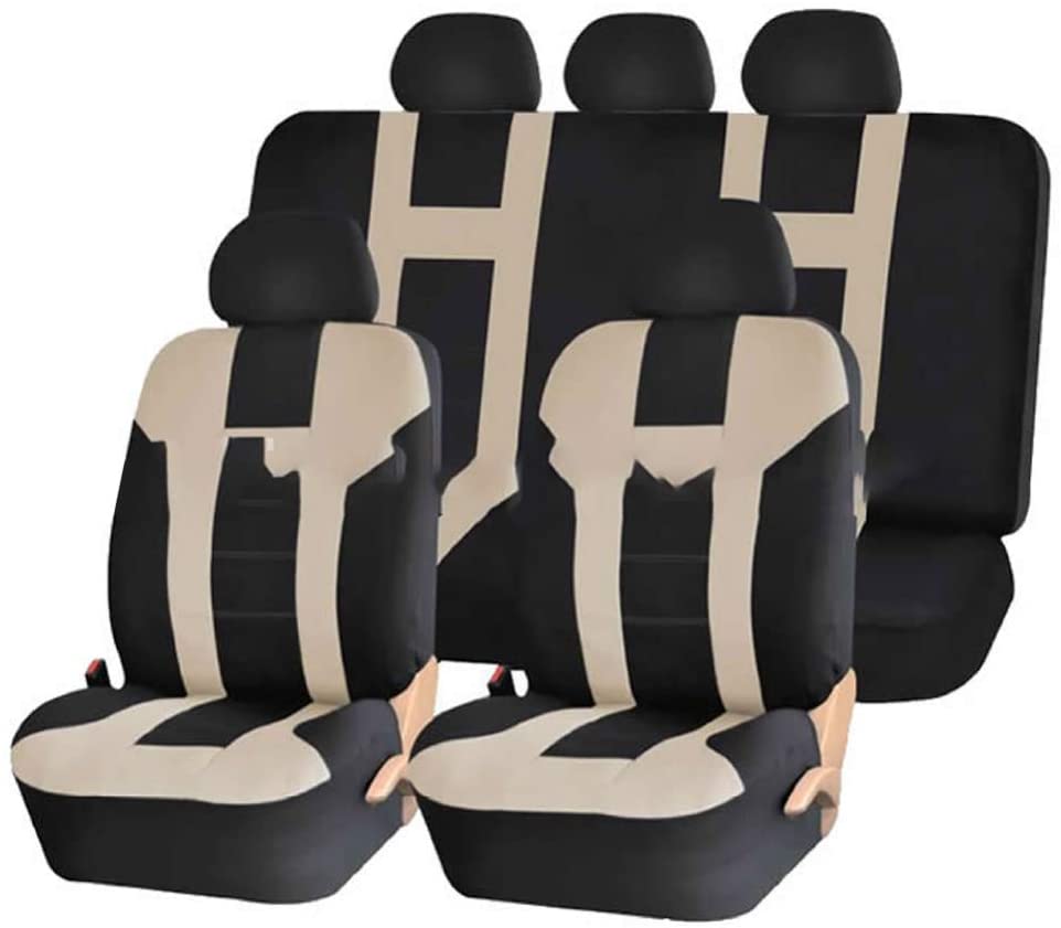 EGFheal Car Seat Covers Universal Fit Full Set Car Seat and Headrest Covers Protector Tyre Traces Car Accessories Interior Beige Black 5 Seater 9-Piece Set