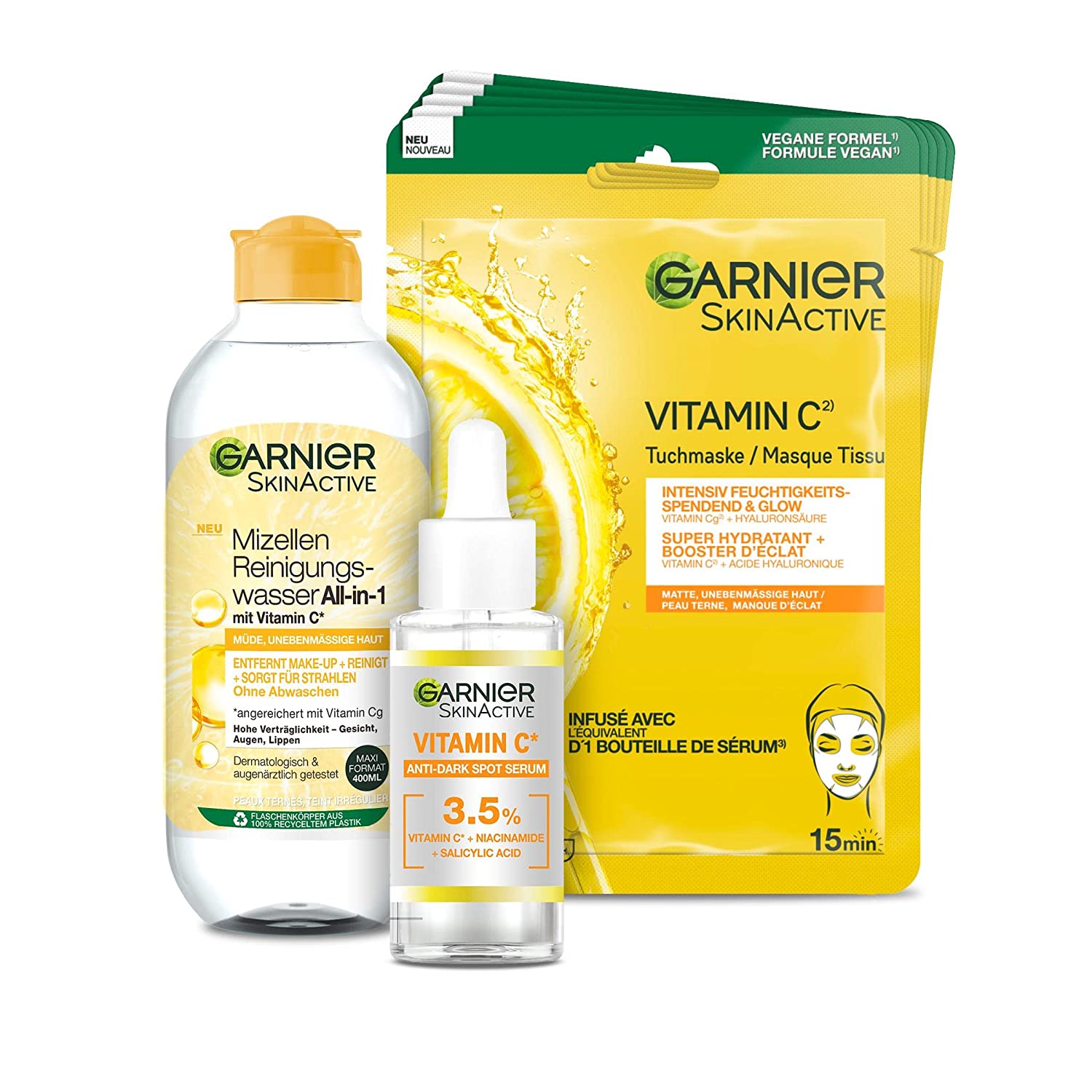 Garnier Skin Active Face Care Set with Micellar Cleansing Water, Vitamin C Serum and Cloth Mask, for a Radiant Complexion, 3 Pieces, coffret ‎vitamin