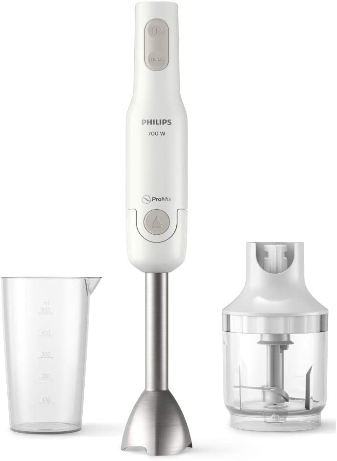 Philips Domestic Appliances Philips Hand Blender HR2542/00, Daily+ Collection, 700 W, ProMix Technology, 2 Speed Settings + Turbo, Splash Guard Bell, Metal Rod, Compact Chopper, Cup