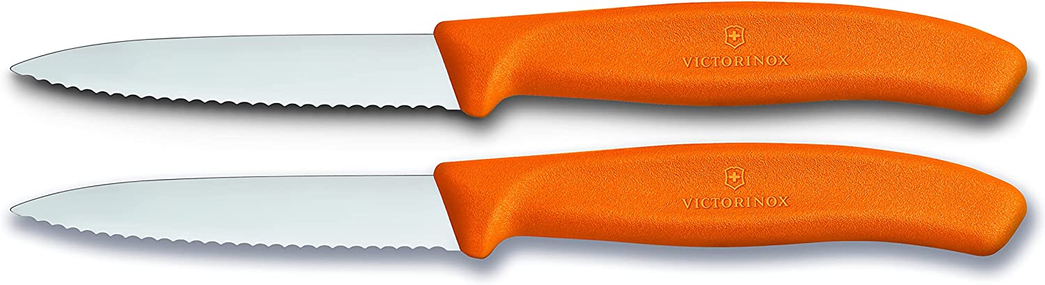 Victorinox Swiss Classic 8 cm Serrated Vegetable Knife - Medium Point - Blade Guard - Dishwasher-Safe - Set of 2, orange