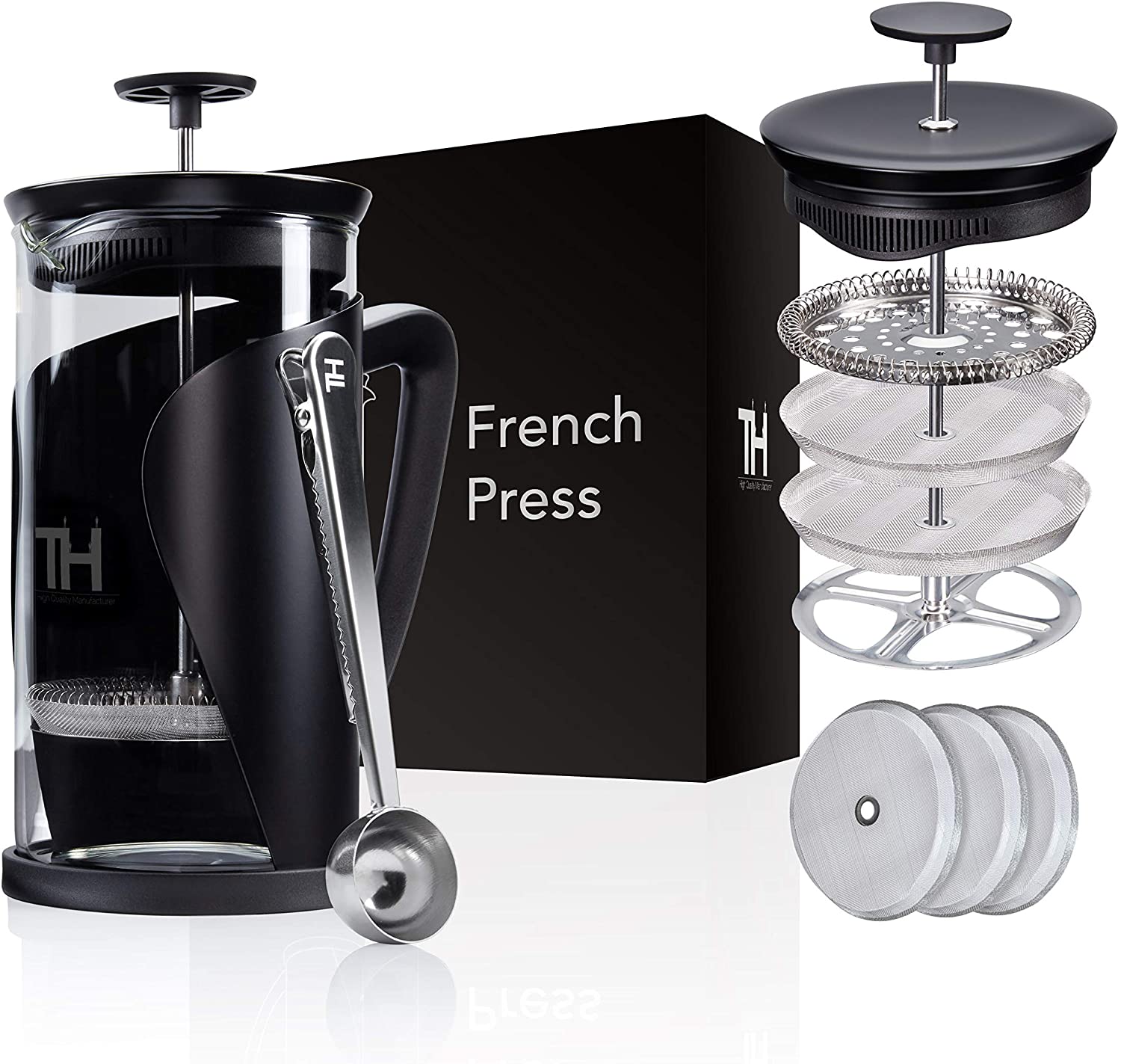 Thiru French Press Coffee Maker with 4D Filter System, Stainless Steel and Glass