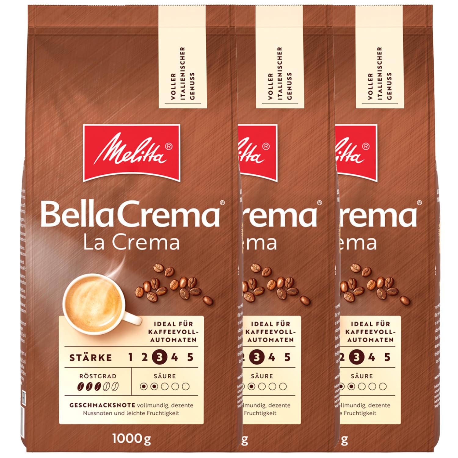 3 x Melitta BellaCrema La Crema Coffee Beans Medium Roast Each 1kg Coffee