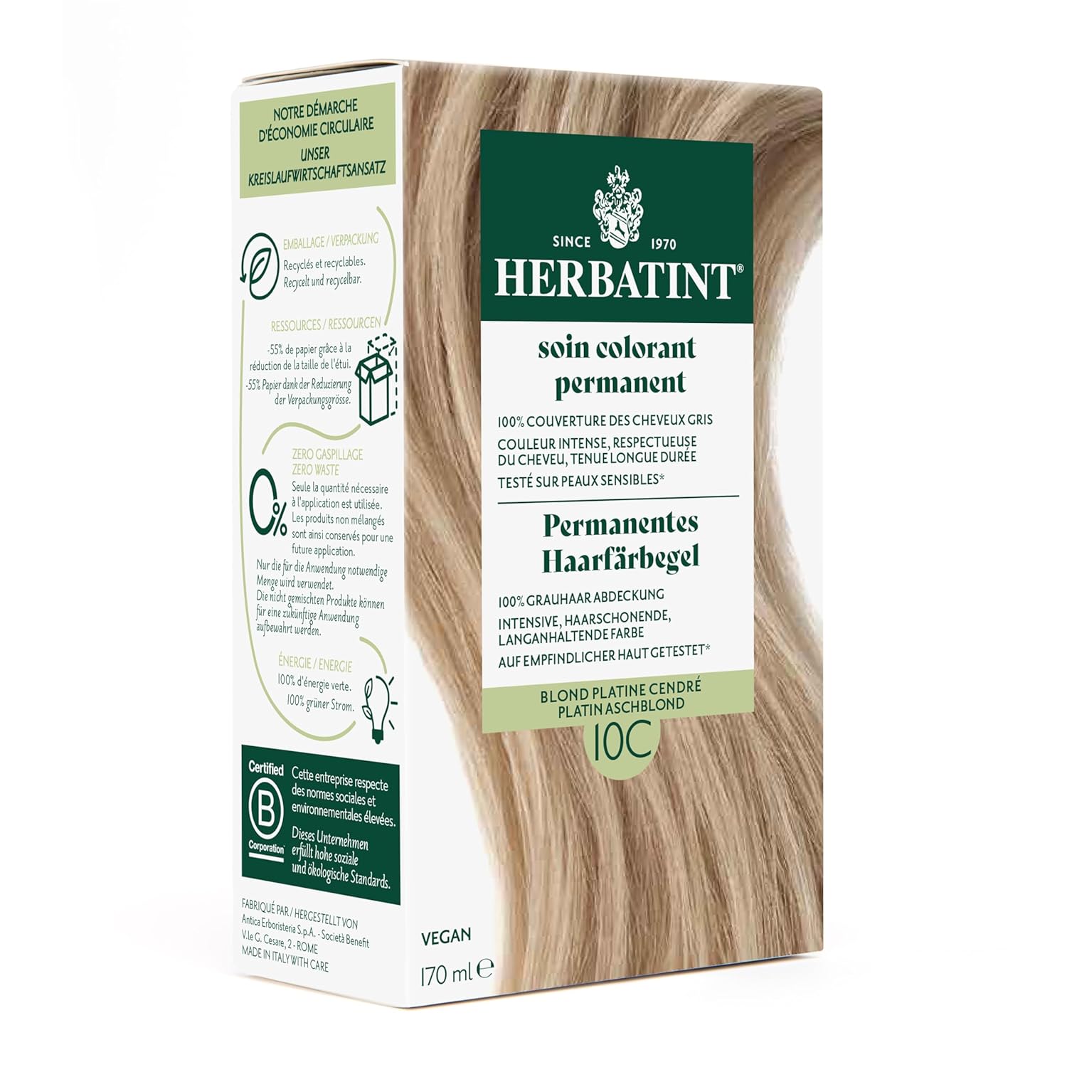 Herbatint Permanent Hair Dye Gel 10C Platinum Ash Blonde - 170 ml I No Ammonia, Optimal Gray Hair Coverage I Tested for Sensitive Skin with 8 Plant Extracts
