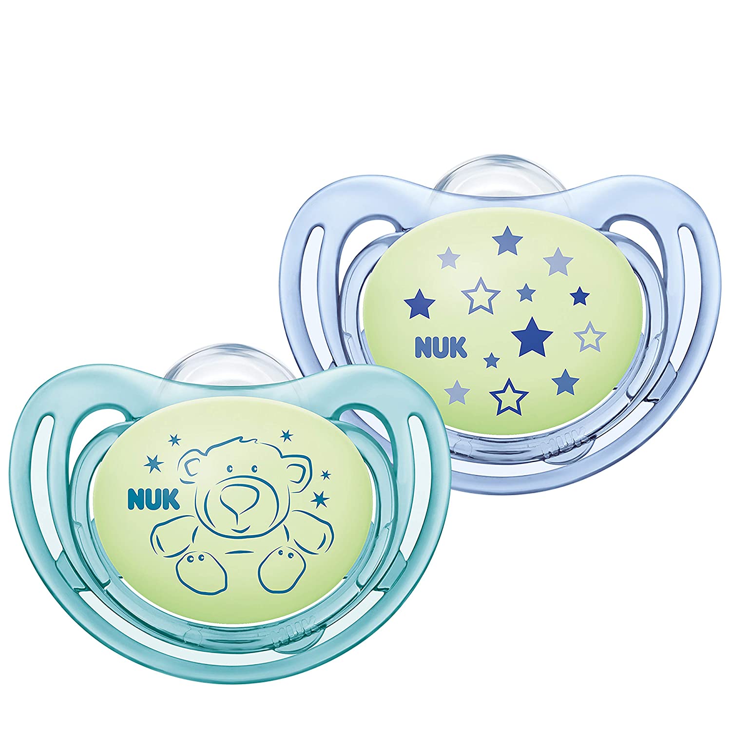 NUK Freestyle Night Dummy | with Luminous Effect | Silicone | 0-6 Months | Orthodontic Shape | Purple & Pink | Pack of 2
