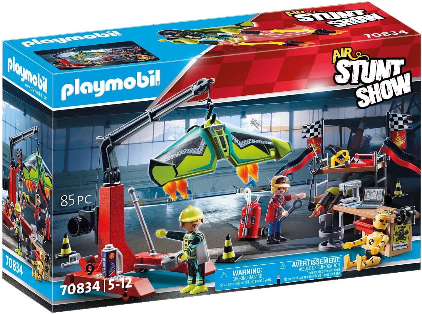 PLAYMOBIL Air Stunt Show 70834 Service Station with Crane, with Winch and Trailer Hitch and Wingsuit with Carry Frame, for Children Aged 5 and Up