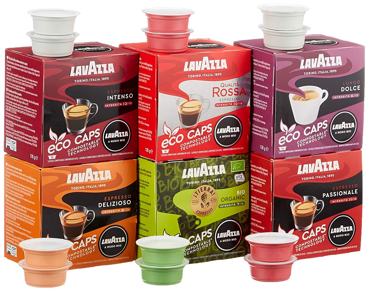 Lavazza A Modo Mio Eco Kaffeekapseln - 6-fach Mixed / Mischkarton / Probierpackung - 6 x 16 Kapseln - kompostierbar - 6er Pack (6 x 120g)