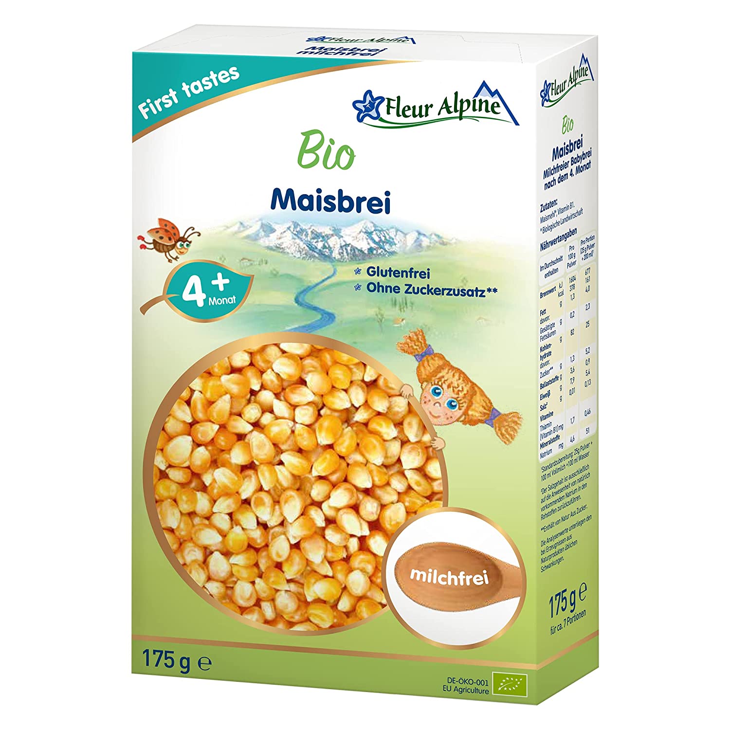 FLEUR ALPINE Bio Babybrei Mais - Leckerer Frühstücksbrei | Nahrhaft und glutenfrei | einfache Zubereitung | Babynahrung 4+ Monate ohne Zuckerzusatz | 7 Portionen