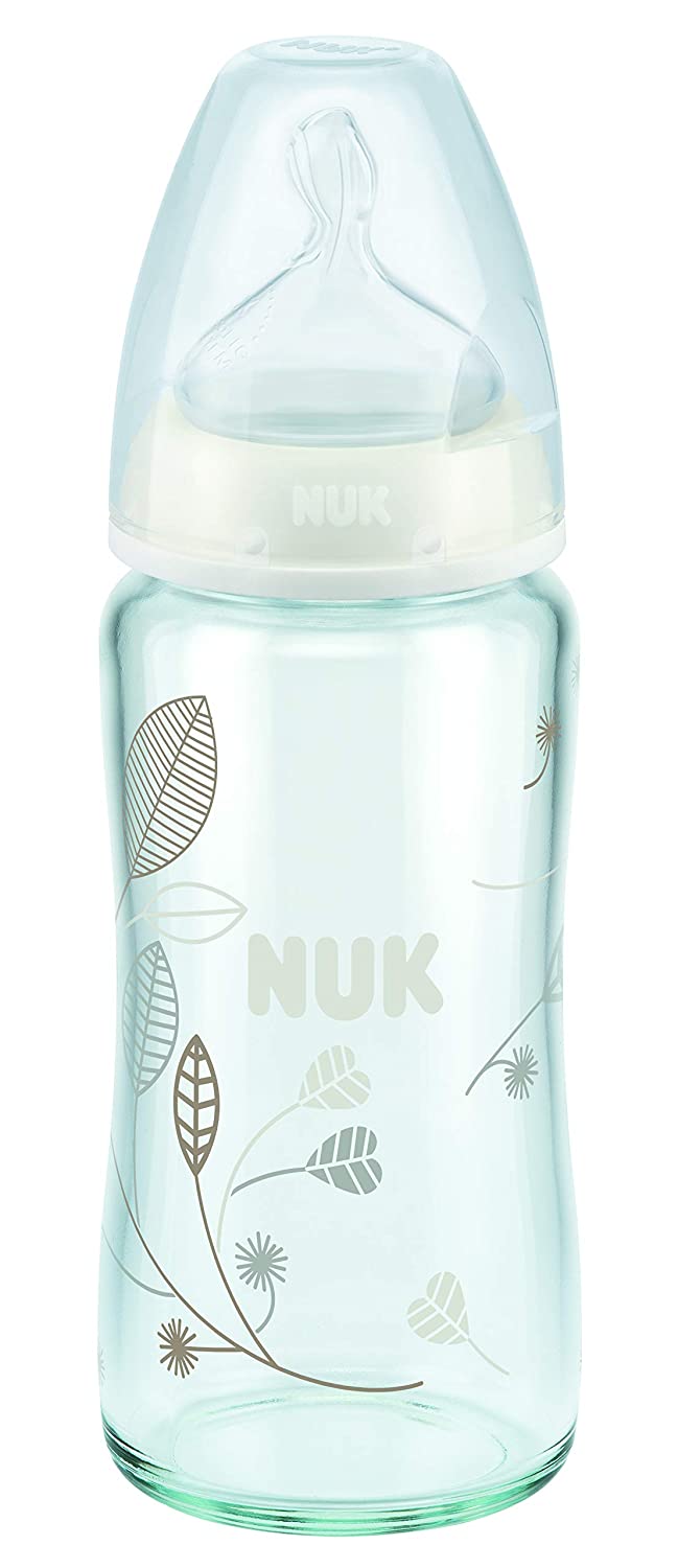 NUK First Choice Glass Baby Bottle Orthodontic Teat, 0-6 Months, 240 ml, Grey/White