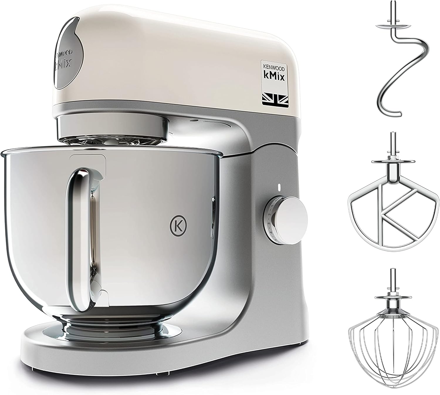 Kenwood kMix KMX750CR Food Processor, 5 L Stainless Steel Bowl, Safe-Use Safety System, Metal Housing, 1000 Watts, incl. 3-Piece Patisserie Set and Splash Guard – Cream