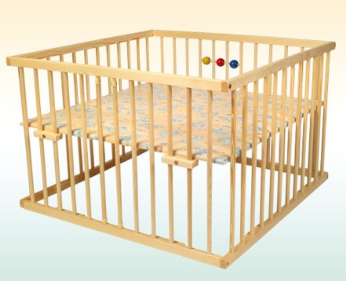 Kidsmax David Playpen 120 x 120 cm Clear Varnished Pine with Wooden Balls, Upholstered Base, Slip-On Rungs, Height Adjustment and Wheels