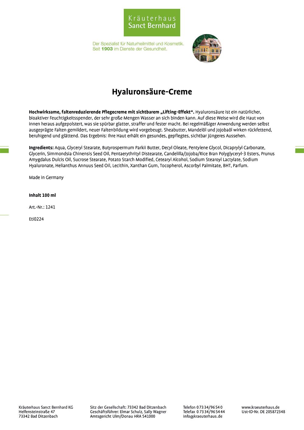 Sanct Bernhard hyaluronic acid cream