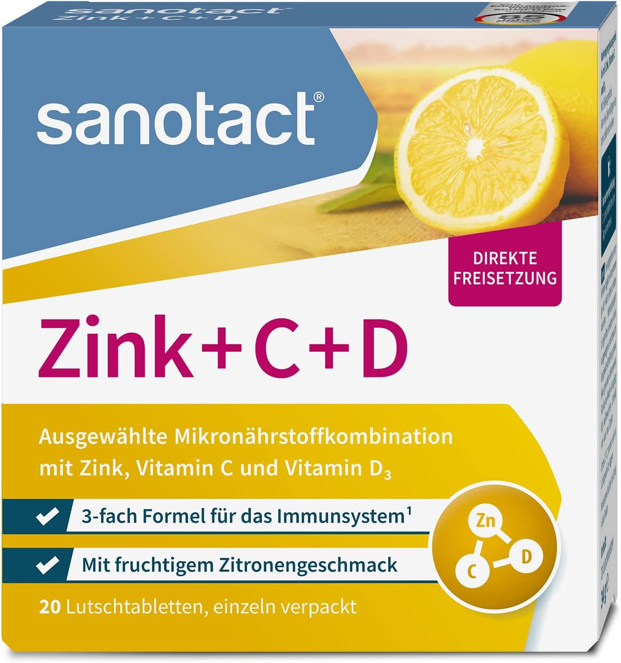 sanotact Zinc + C + D (20 Lozenges) • Zinc Tablets with Vitamin C & Vitamin D3 • Triple Formula for Immune System • Immune Vitamins • Zinc Lozenges • Fruity Lemon Flavour