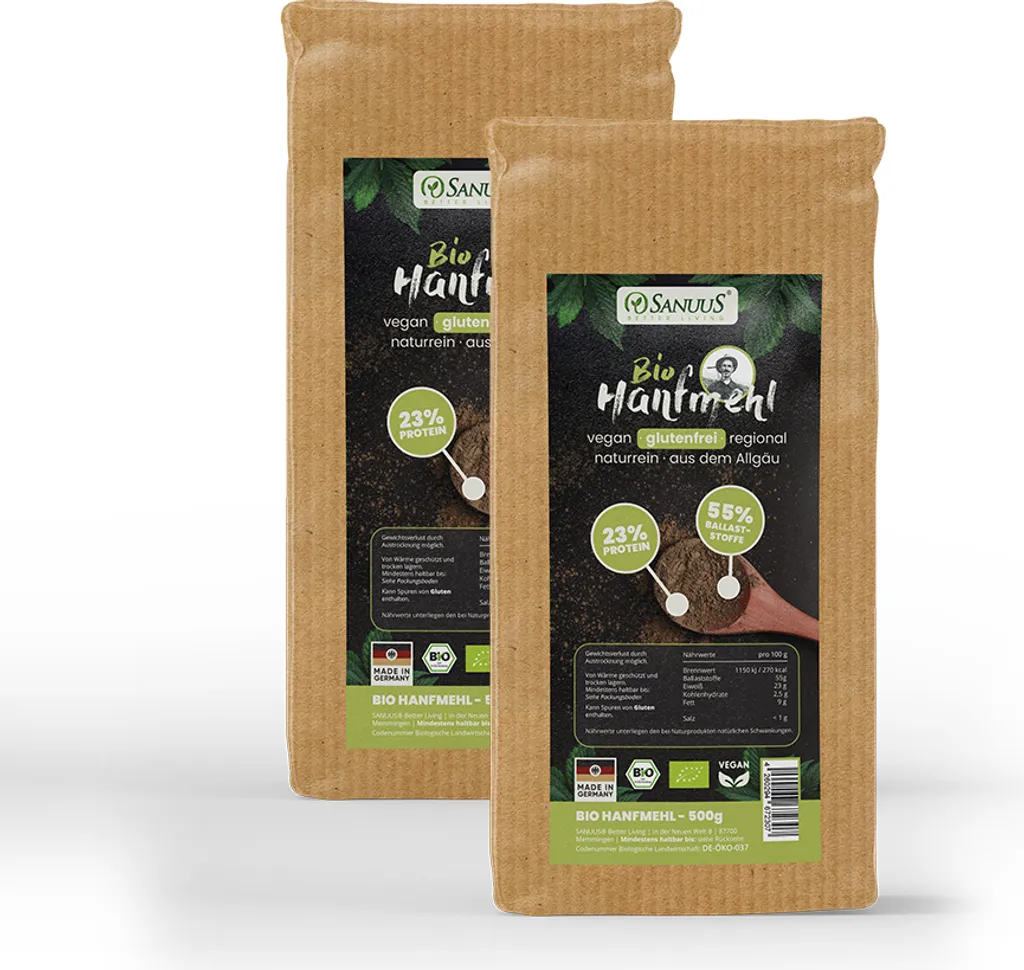 SANUUS Organic Hemp Flour 2x500g for humans & animals with 55% fiber & 23% vegan protein