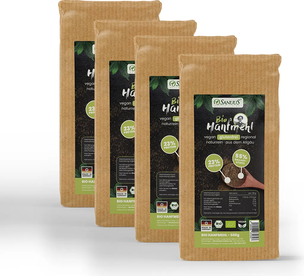 SANUUS organic hemp flour for humans and animals with 55% fiber and 23% vegan protein 4x500g