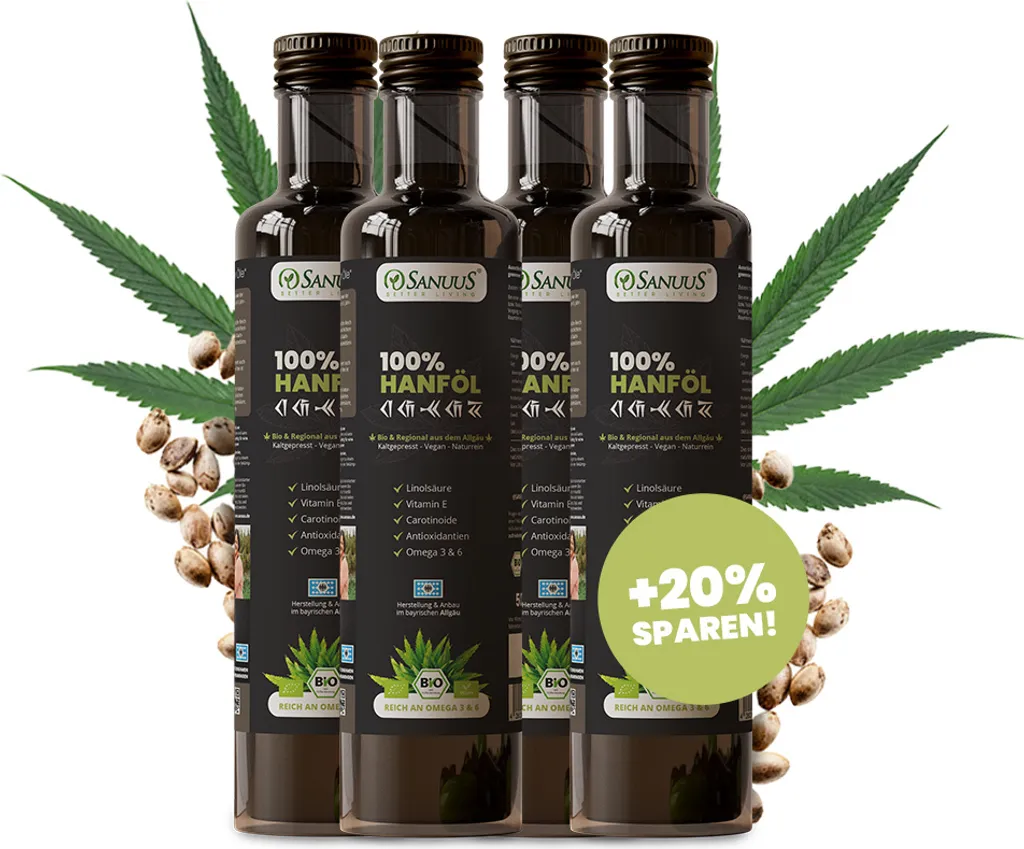 SANUUS Bio Hanföl kaltgepresst 4x500ml (4er Pack)  -  Premium Hanföl Bio aus Deutschland zum Kochen