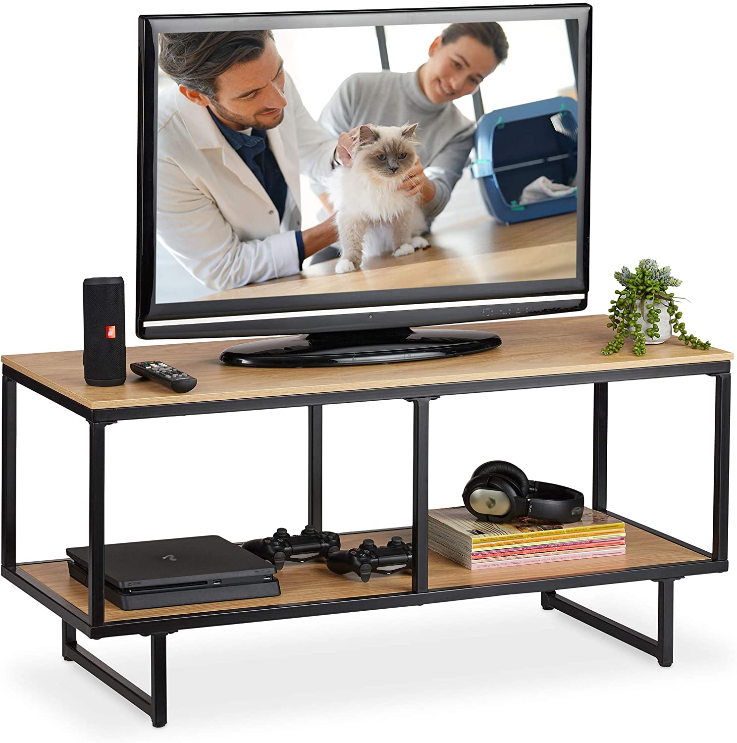 Relaxdays Lowboard Industrial Wood Effect Metal Frame Tv Board With Shelf H