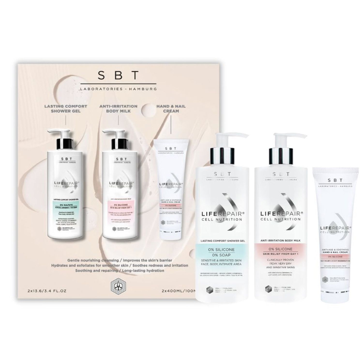 SBT Sensitive Biology Therapy LifeRepair Body Milk +Shower Gel +Hand&Nail Cream