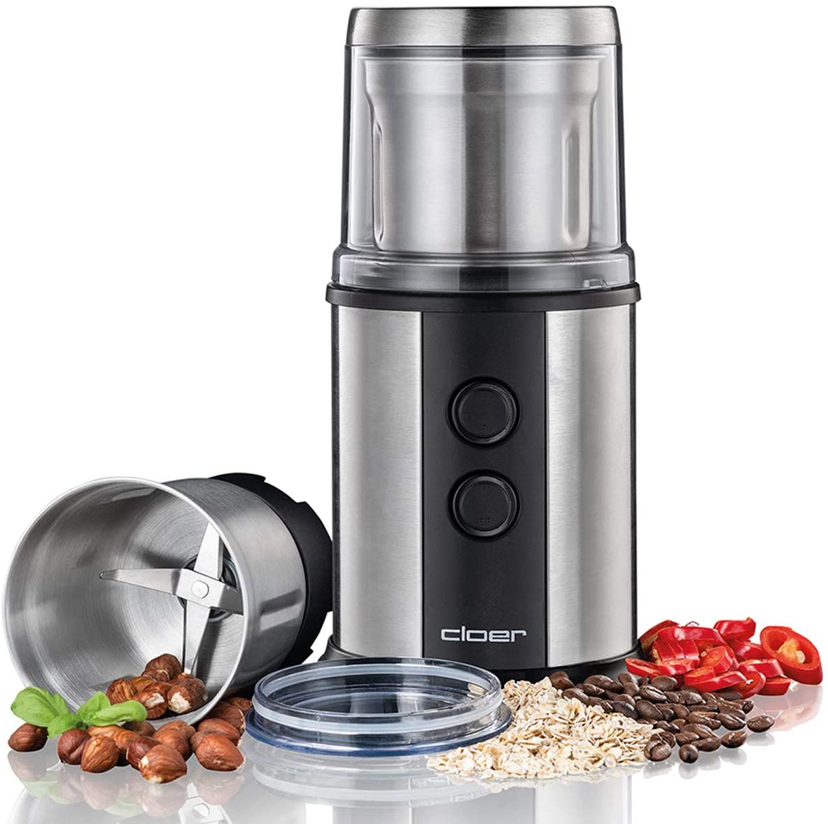 Cloer 7419 Electric Coffee and Spice Mill with Stainless Steel Strike Knife, 350 W, 2 Removable Stainless Steel Containers, for Pesto, Herbs, Nuts and Grains, up to 80 g Coffee Beans, Aroma Protection Lid