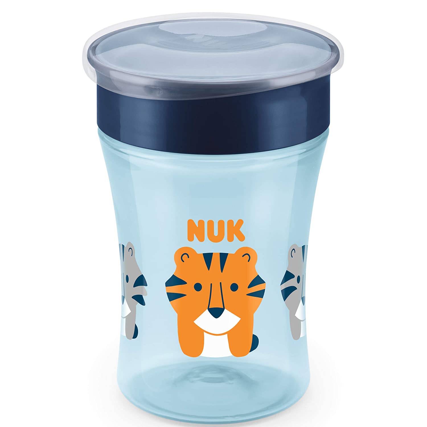 NUK Magic Cup drinking cup, 360 ° drinking rim, leak-proof silicone disc, 8+ months, BPA-free, tiger (blue), 230 ml