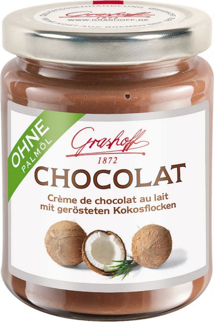 Schoko-Creme CHOCOLAT mit Milchschokolade und Kokosnussflocken von Grashoff, 235g