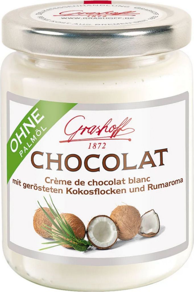 Schoko-Creme CHOCOLAT mit weißer Schokolade, Kokos und Rumaroma von Grashoff, 235g