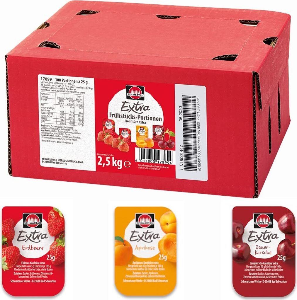 Schwartau Extra Portionen Aprikose Erdbeere Sauerkirsche 100x25g