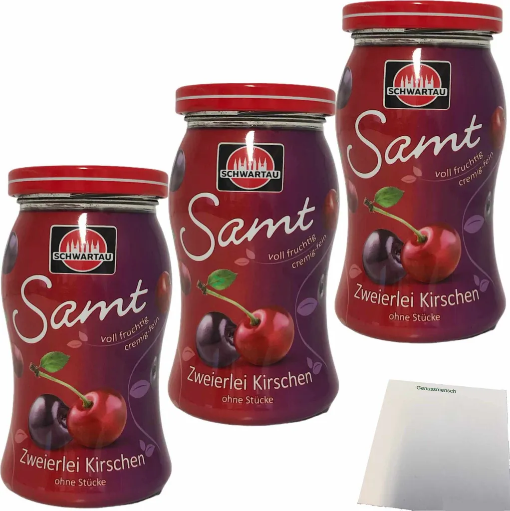 Schwartau Samt zweierlei Kirschen Fruchtaufstrich ohne Stücke 3er Pack (3x270g Glas) + usy Block