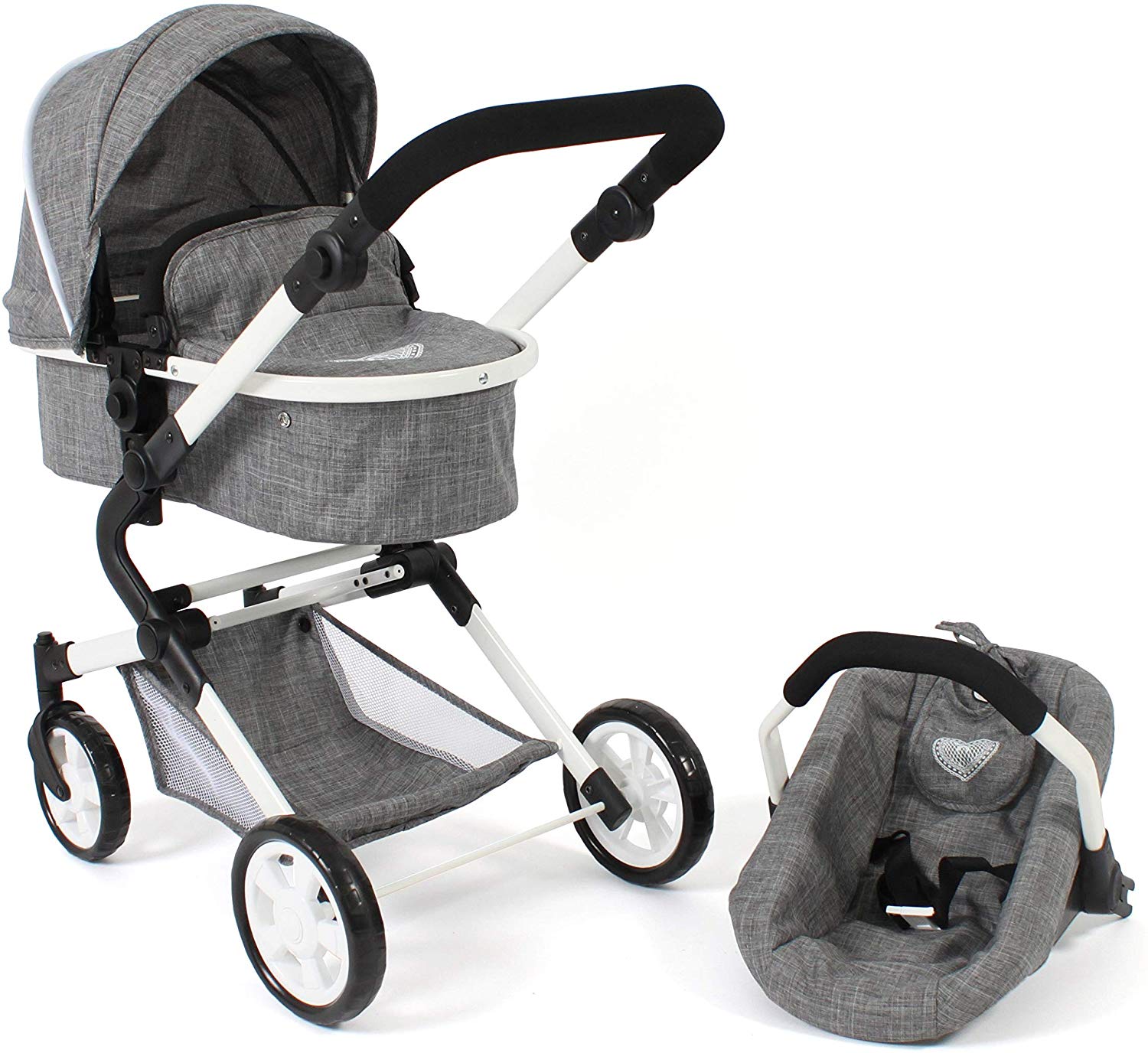 Bayer Chic 2000 597 76 3-in-1 Combi Lia, Doll\'s Pram Set with Car Seat, Baby Bath and Sport Seat, Denim Grey