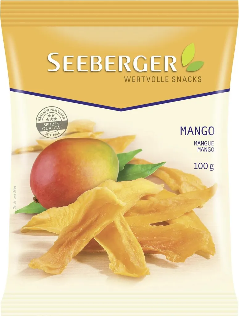 Seeberger Mango, 1 g, mango strips, potato starch, antioxidant sodium metabisulfite., Germany, 315 kcal, 1,334 kJ, 3.3 g