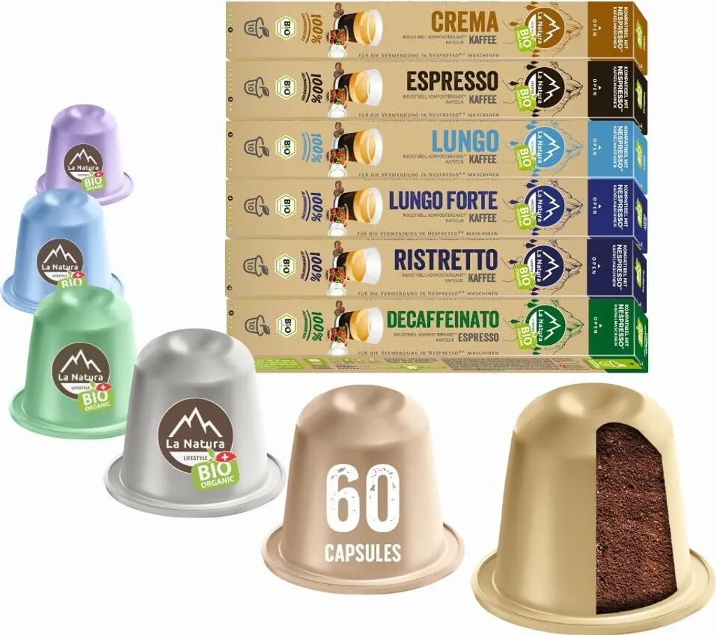Selection Box Coffee - 60 Coffee Capsules | La Natura Lifestyle Organic 306g | Bio-based | Nespresso®*³ compatible