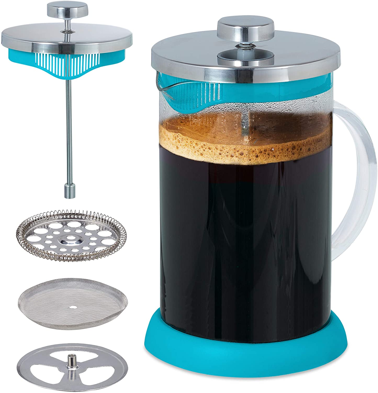 Relaxdays Coffee Maker, Stainless Steel Strainer, Flavoured Coffee Enjoy, 800 ml, Glass & Plastic, Coffee Press Colours., light blue