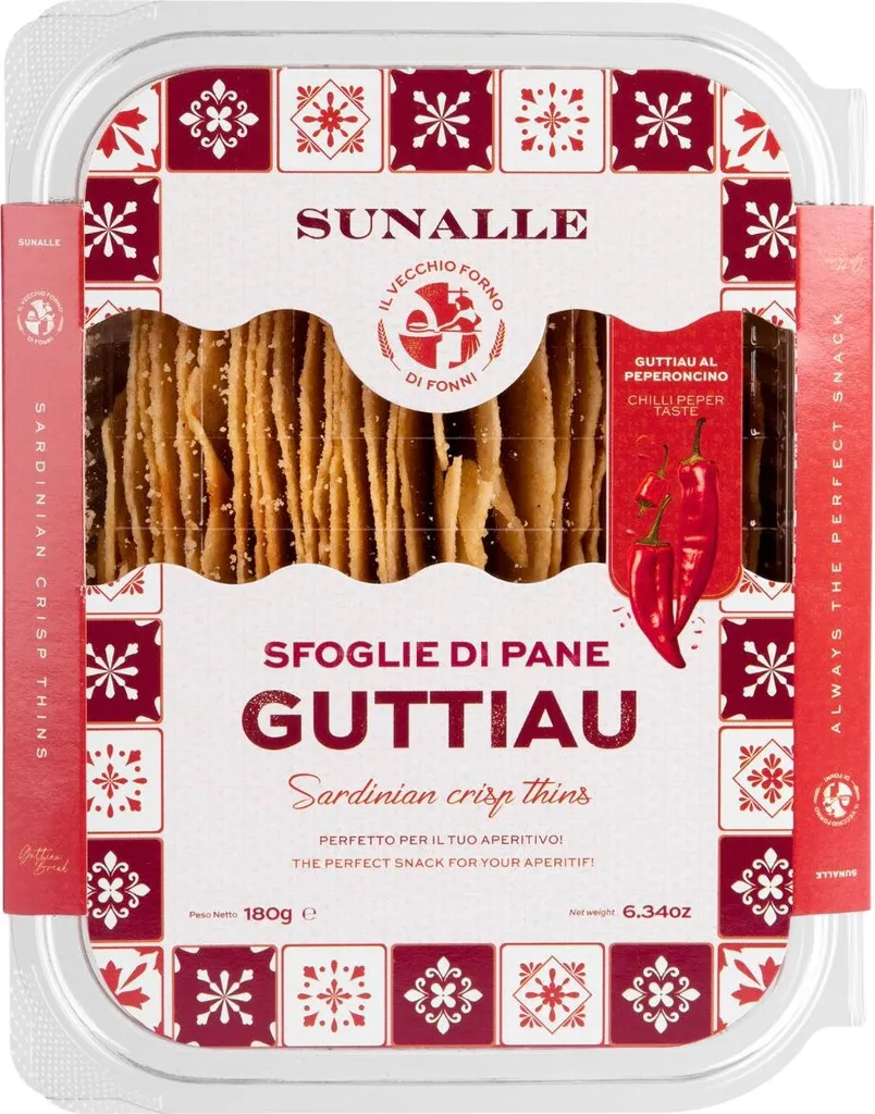 Sfoglie Di Pane Guttiau Peperoncino, crispy snacks with Guttiau Peperoncino bread, resealable box, 180g, Sunalle