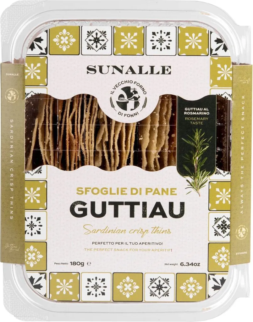 Sfoglie Di Pane Guttiau Rosmarino, crispy snacks Pane Guttiau Rosemary, resealable box, 180g, Sunalle