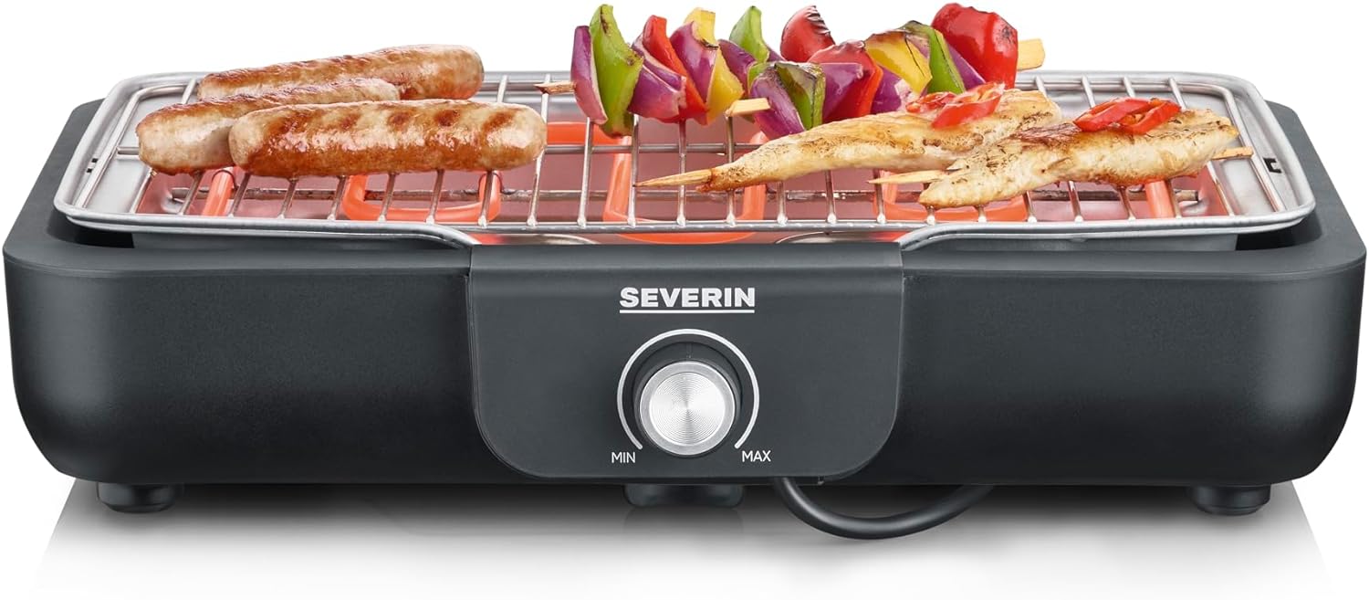 Severin PG 8554 Table Grill with Stainless Steel Cooking Grate, for Indoor and Outdoor Use, 2,300 W, 37 x 29 cm grill Surface, Temperatures Control, Thermostat Controlled, Black