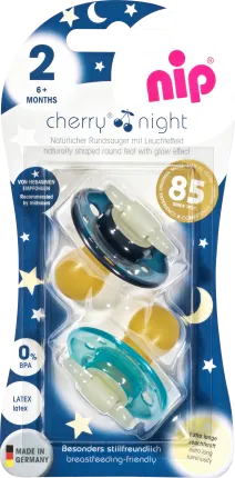 NIP Pacifier Cherry Night Latex, Gr. 2, blue/turquoise, from 6 months, 2 pcs