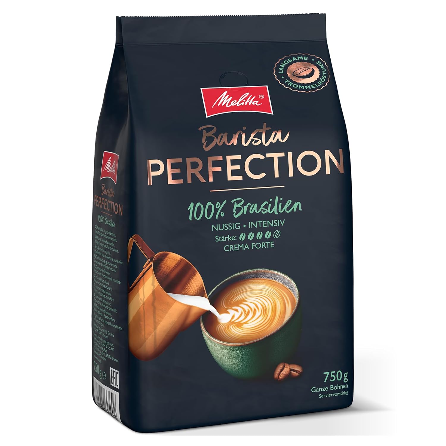 Melitta Barista Perfection 100% Brazil, Whole Coffee Beans 750g, Unground, Single Origin Coffee, 100% Arabica Beans, Slow Drum Roasting, Crema Forte, Strength 4