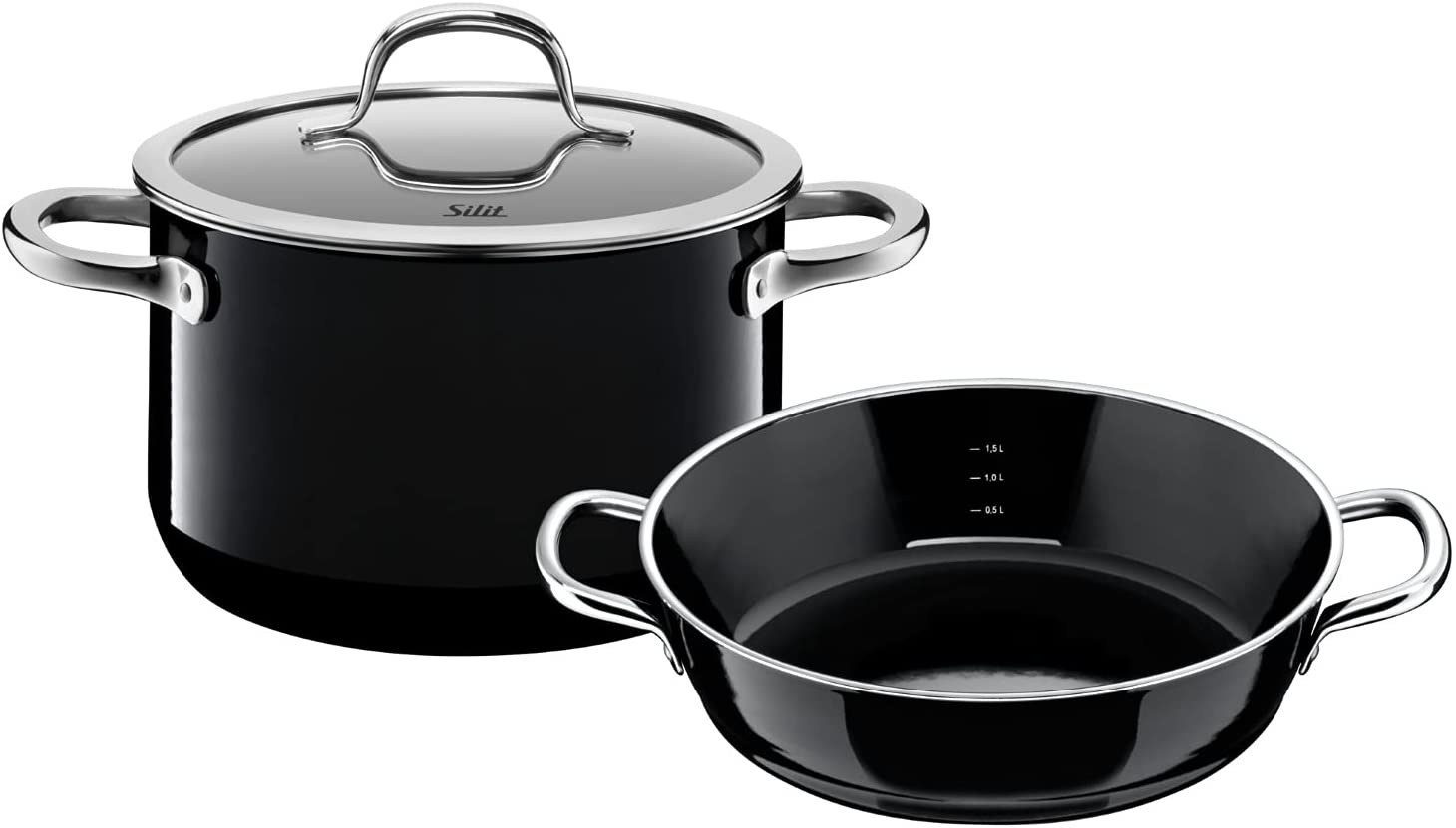 Silit Passion Black 2-piece cookware set, meat pot and pan Silargan functional ceramics, glass lid pouring rim, suitable for induction, black