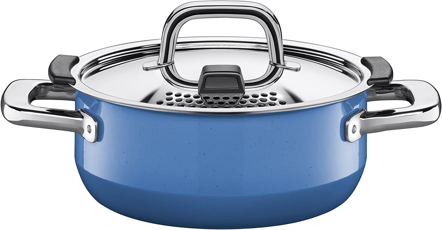 Silit 2101299455 Natural Cooking Pot Diameter 20 cm 2.4 L Function Control Lid Metal Silargan Function Lid Ceramic Suitable for Induction Cookers Dishwasher Safe, Enamel Blue