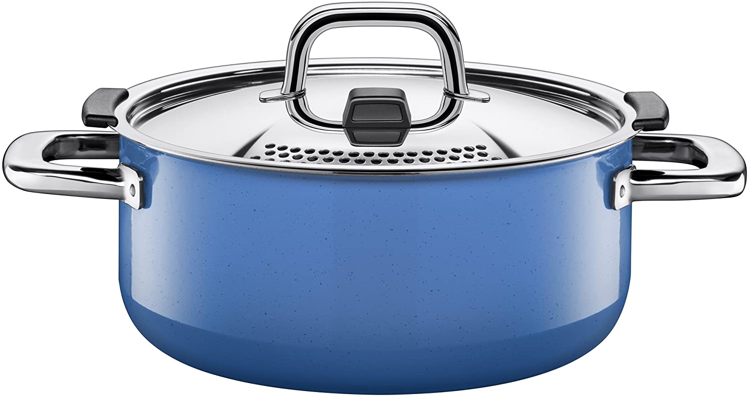 Silit 2101299462 Natural Cooking Pot Diameter 24 cm approx. 4.4 L Function Control Lid Metal Silargan Function Lid Ceramic Suitable for Induction Cookers Dishwasher Safe, Enamel Blue
