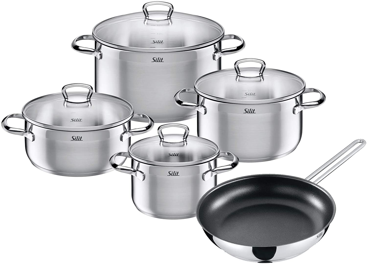 Silit Tuscany Saucepan Set Induction 5-Piece Cooking Pot Set with Glass Lid, Stainless Steel, Partially Matte, Induction Pots Set, Uncoated