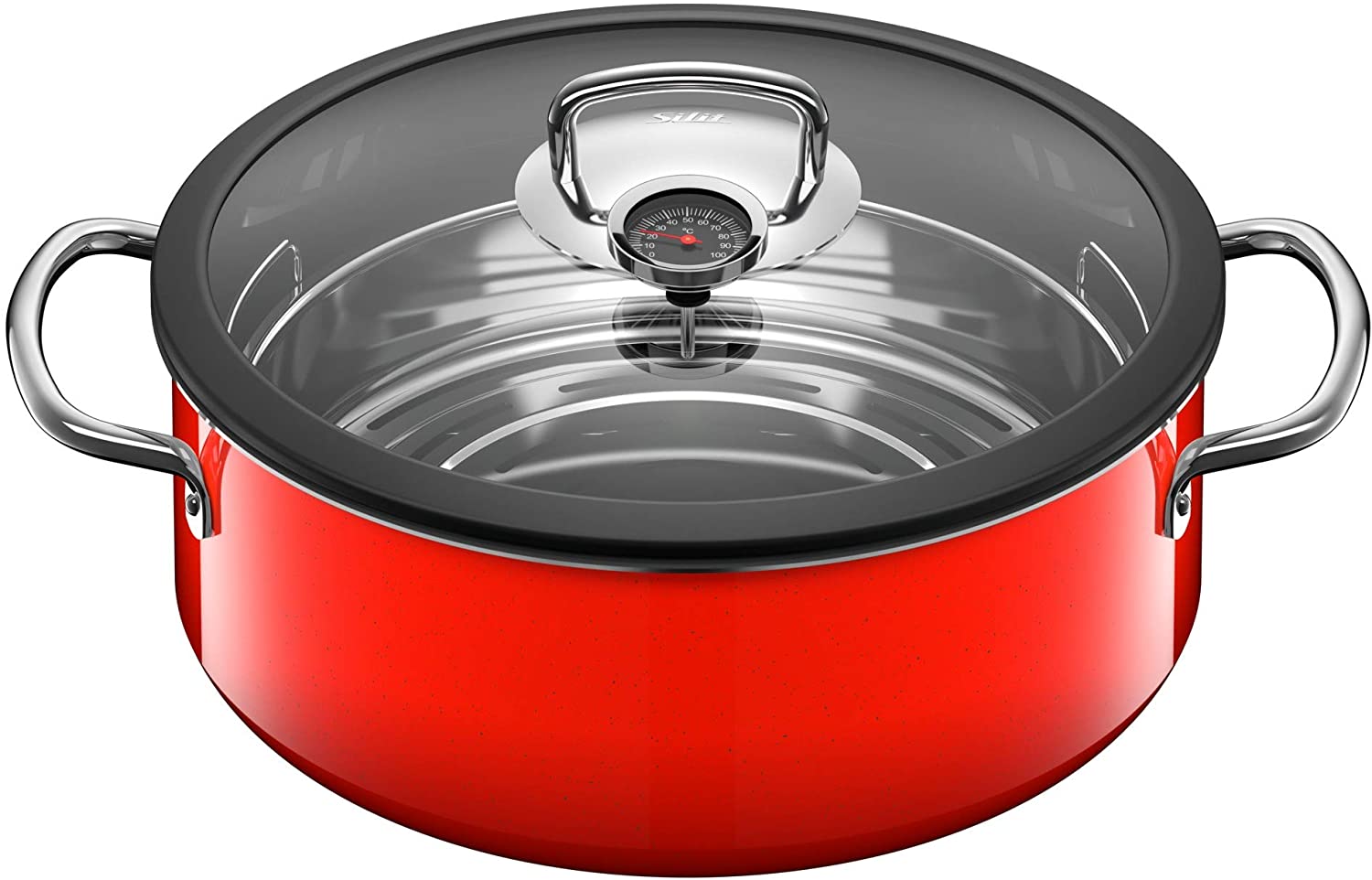 Silit ecompact Steamer, Roasting Dish Induction 28 cm with Glass Lid, 6 L, Cooking Thermometer, Cooking Tray, Silargan Functional Ceramic, Red