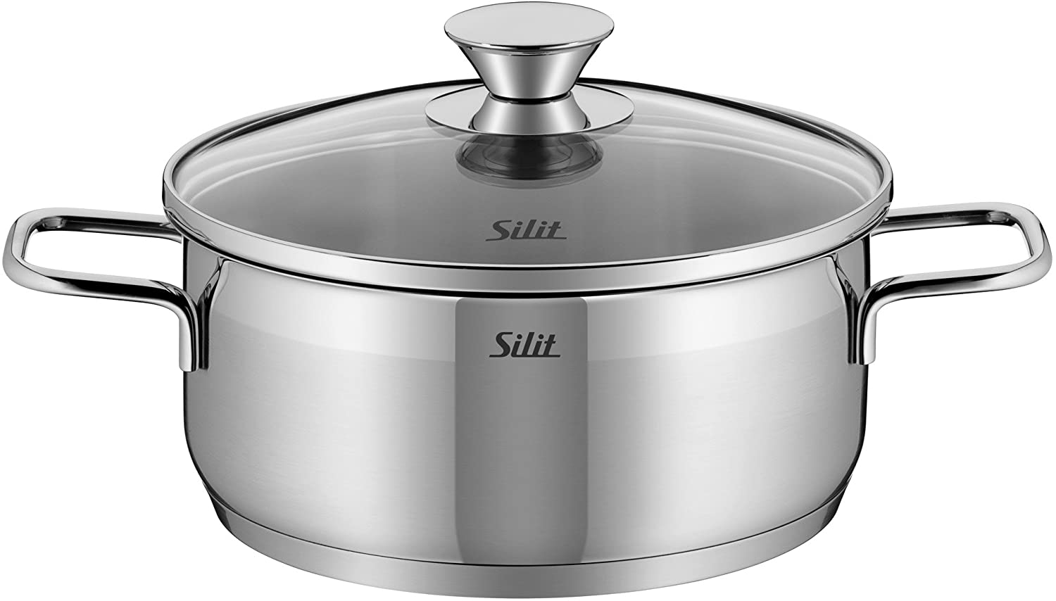 Silit Pisa Cooking Pot Pouring Rim Glass Lid Polished Stainless Steel Suitable for Induction Cookers Dishwasher Safe, Ø 20 cm
